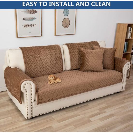 Bankhoes, 3-zits, anti-slip bankovertrek voor L-vorm, chaise longue, hoekbank, 2-zits, hoezen, woonkamer, stoel, honden huisdieren, bruin, 90 x 240 cm (slechts 1 stuk)