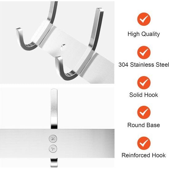 Haaklijst garderobe SUS304 roestvrij staal modern, kledinghakenlijst muur geborstelde look dubbele haken, jashaken kledinghaken met 6 haken, kledinghaken voor keuken, slaapkamer, kantoor