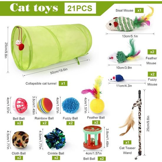 Kattenspeelgoed, 21 stuks, kattenspeelgoedset met kattentunnel, ballen, springspeelgoed, pluche speelgoed, speelgoedmuizen, teaser voor kitty, konijnen, puppy's