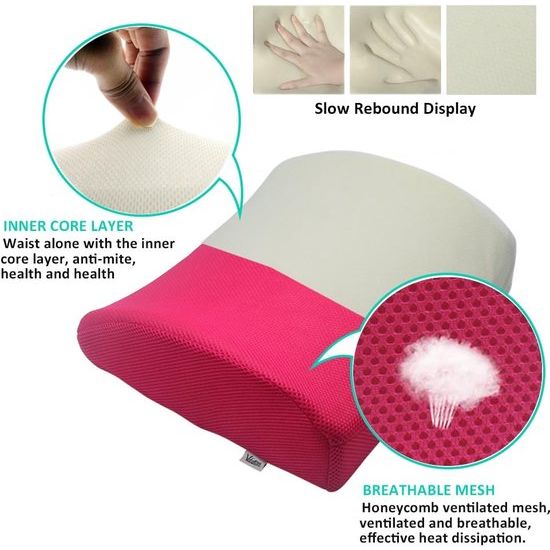 Valuetom Premium geheugenschuim lendenkussen, 3D mesh lendenwervelkolomsteunkussen, rugsteun voor auto, kantoor en thuis (rozerood)