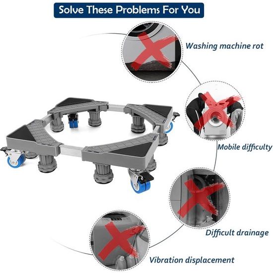 Wasmachinebasis met 8 voet + 4 wielen voor wasmachine, koelkast en droger, verstelbare wasmachinebasis met antislip schokabsorptiefunctie, (verstelbaar: 40-63 cm)
