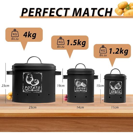 3-pack aardappelbewaardoos, veelzijdige aardappelpottenset met ventilatiesysteem houdt groenten langer vers, ideaal voor uienopslag en aardappelopslag (zwart)