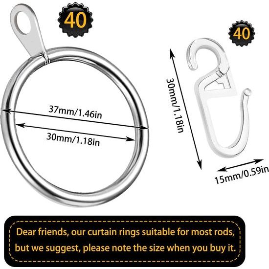 40 pieces silver metal curtain rings, curtain hanging rings and plastic curtain hooks for bed curtain, shower curtain, window curtain (30 mm inner diameter)