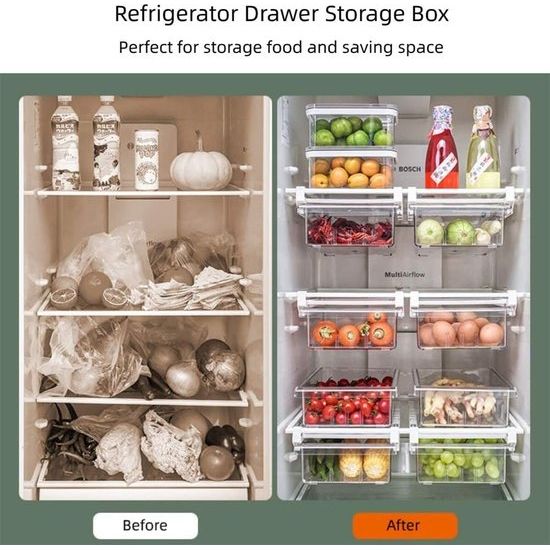 Koelkastorganizers - Inclusief 1 lades en 2 verdelers, stapelbare opbergdoos, keukenorganizer, transparante container voor keukens, vriezer, voorraadkast (1 lade, medium)