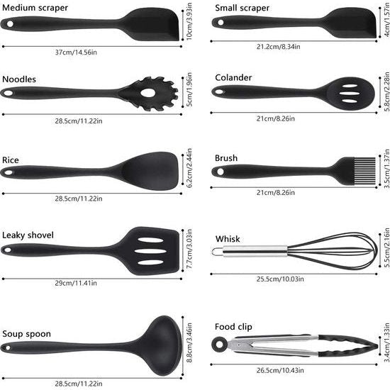10 stuks keukenhulpset, FDA kookgerei, siliconen keukengerei, zwart, geavanceerd, hittebestendig keukengerei, kookaccessoires, anti-aanbaklaag, keukenbakgereedschap, garde, barbecuetangen enz