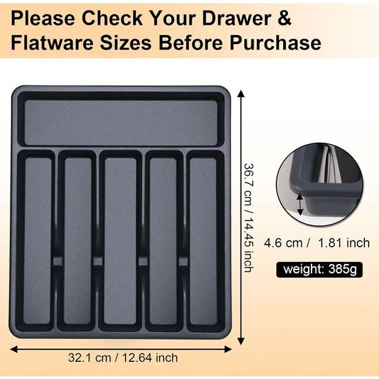 Bestekbak met 6 vakken voor laden, kunststof bestekbak, BPA-vrij en lade-organizer met matte afwerking voor bestek in de keuken, eetkamer, slaapkamer, zwart