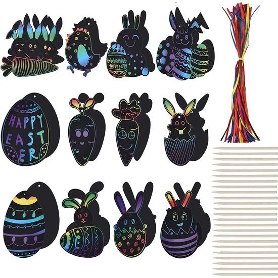 Easter Scratch Pictures, (48 + 48 + 24) Easter Scratch Crafts Magische kleurrijke Rainbow Scratch Paper Card, Easter Egg Bunny Chick Shape met linten, Houten Scratch Tool voor Easter Egg Hunt Game