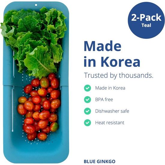 2-pack gootsteenzeefmanden voor het wassen van groenten en fruit, het aflaten van gekookte pasta en droge gerechten - uitschuifbaar - New Home Kitchen Essentials (2 blauwgroen)