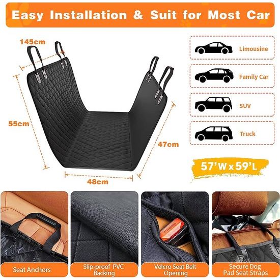 Waterdichte autodeken, 150 x 144 cm, hondendeken, achterbank, anti-slip deken voor hond en auto, met gratis veiligheidsgordel en draagtas voor auto's, trucks, bestelwagens