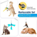 Interactieve kat speelgoed, intrekbare kat hengel met 3 reserve aas van veren en klokken, verstelbare koord lengte, feather teaser voor katten, kitten plezier