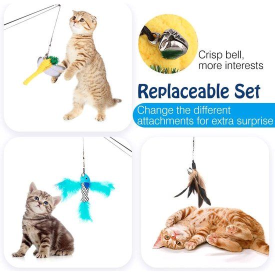 Interactieve kat speelgoed, intrekbare kat hengel met 3 reserve aas van veren en klokken, verstelbare koord lengte, feather teaser voor katten, kitten plezier