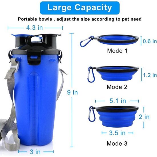 Draagbare waterfles en voerfles, 800 ml, 2-in-1 drinkfles met 2 vouwkommen voor honden, hondenbak, opvouwbare waterbak voor kamperen, wandelen, wandelen en training (blauw)