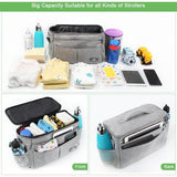 Pram Organiser with Insulated Drink Holder, Shoulder Strap, Large Capacity, Universal Baby Pram Bag, Grey with Dots