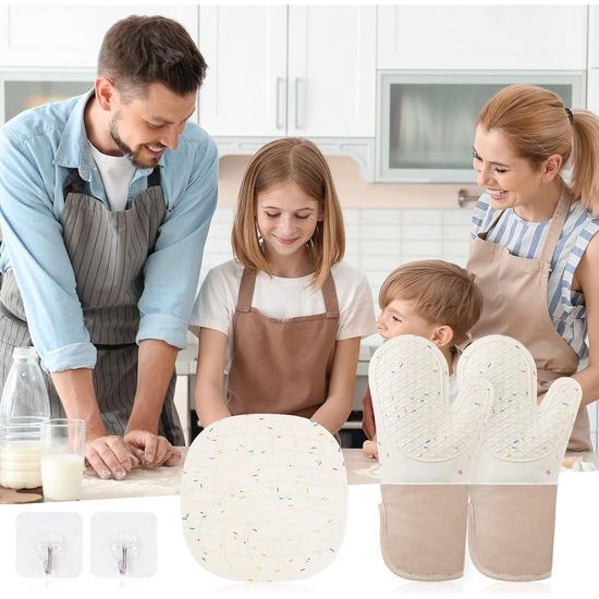 Ovenhandschoenen, set van 1 paar siliconen en katoen, antislip, hittebestendige ovenhandschoenen, ovenhandschoenen voor keuken, koken, bakken, grillen, BBQ, met 1 pannenlap