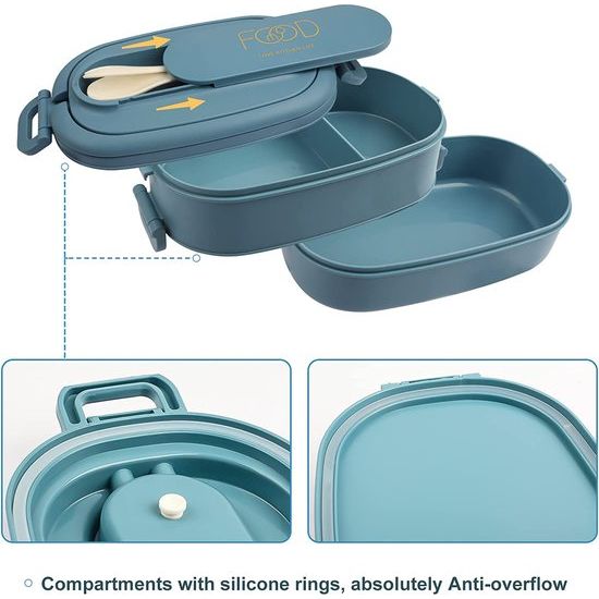 2-laags lunchbox: 1550ml lunchbox met 3 vakken - met bestek - plastic BPA-vrije lunchbox voor volwassenen en heren - lekvrije vakken bentobox magnetronbestendige verwarming