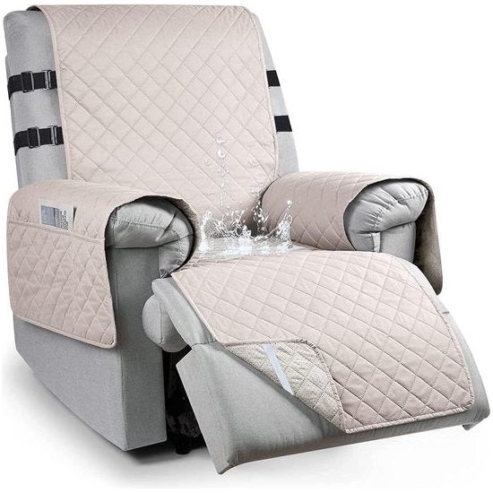 100% waterdichte stoelbeschermer voor televisiefauteuil, anti-slip stoelbeschermer met zakken, armleuning, 1-zits stoelkussen, geschikt voor thuis met kinderen en huisdieren, hond, kaki, L