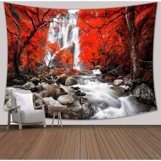 Waterval in het Rode Woud Wandtapijt Wandbehang Beken en stenen Wandtapijt Sprei Wanddoek Natuur Landschap Strandlaken Stranddeken Grote Wanddecoratie voor Slaapkamer Woonkamer Slaapzaal 150 x 130 cm