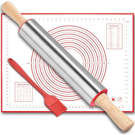 Roestvrijstalen deegroller + siliconen bakmat + gebakborstelset, deegroller met handgrepen, onderhoudsvrij, gemakkelijk schoon te maken, antiaanbakroller voor deeg/fondant/pizza/koekjes/cakes 17" rood