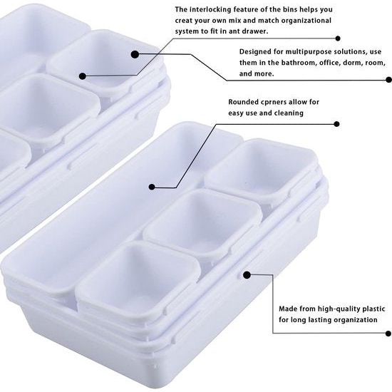 22 stks Plastic Lade opslagsysteem kantoor, Hoge Kwaliteit lade organisator keuken, lade organisator voor keuken, badkamer, kantoor (Wit)