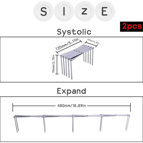 13 cm x 6 cm x 7 cm, strekt zich uit tot 48 cm lengte pannen bij het stomen, keukenwerkbladen of kasten bij het organiseren passen