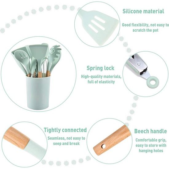 Siliconen kookgerei 33 stuks, hittebestendige keukenset met houten handvatten, spatel, eenvoudig te reinigen kookgerei met antiaanbaklaag. Geschikt voor keuken beginners en professionals (groot)