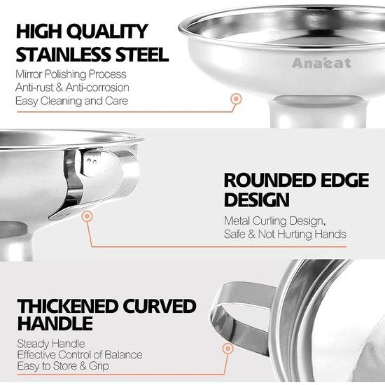 Roestvrijstalen inmaaktrechter met handvat voor brede en normale glazen en weckpotten, brede hals voor vloeibare en droge ingrediënten, grote vaste stoffen, olie, bonen en jam