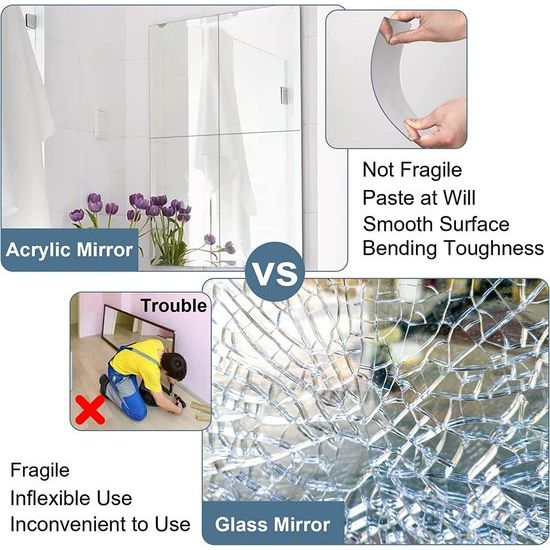 Over dit item ontvang je: 4 stuks zelfklevende spiegeltegels van 30 x 30 cm (dikte: ca. 2 mm), samen met een gratis sticker.