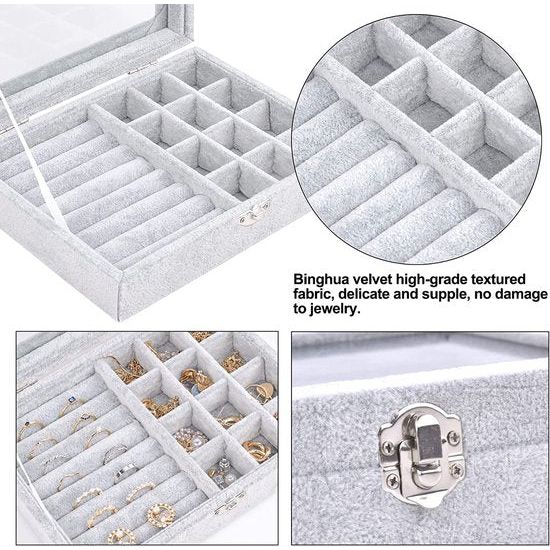 sieraden-organizerdoos, sieradendoos met glazen deksel, sieradendisplay, sieradendoos voor halsketting, armband, ringen, oorbellen, sieraden (grijs)