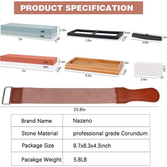 Slijpsteen set mes 11 Accessoires - Nazano professionele slijpsteen voor messen 4 pagina 400/1000 3000/8000 grit messenslijper met bamboe basis lepsteen strop hoekgeleider hoongeleider