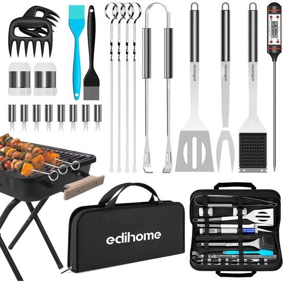barbecuebestek, barbecueaccessoires, 25-delige accessoireset, professionele set, roestvrij staal, cadeaus voor mannen, met koffer voor grillrooster, premium