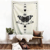 Vlinder wandtapijt, zwart en wit, wandtapijt, maanfase, trippy, psychedelische buttefly, wanddoek, muurkunst, decoratie voor slaapkamer en woonkamer, 130 x 150 cm