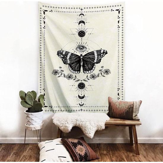 Vlinder wandtapijt, zwart en wit, wandtapijt, maanfase, trippy, psychedelische buttefly, wanddoek, muurkunst, decoratie voor slaapkamer en woonkamer, 130 x 150 cm