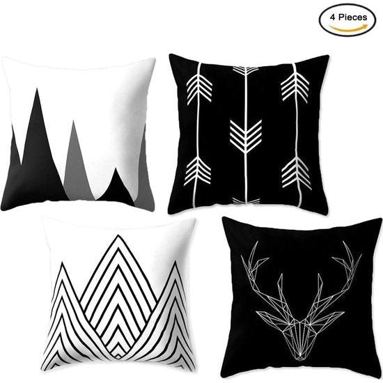 Kussenhoezen, 4 stuks, 45 x 45 cm, geometrisch zwart-wit, kussensloop met geometrisch patroon, decoratieve kussensloop, voor bank, slaapkamer, woonkamer, wooncultuur