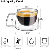 Dubbelwandige koffieglazen, 2 x 300 ml koffieglazen, dubbelwandig met handvat, latte macchiato-glazen, cappuccinokopjes, espressokopjes, thermoglazen, dubbelwandig, dubbelwandige glazen