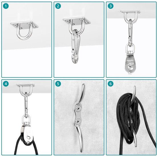 2x roestvrijstalen M20 katrol katrollen voor touwenset - draaibare haak katrol nylon touw karabijnhaak clip & oogkussenplaat - 150 kg draagvermogen