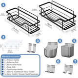 Doucheplank zonder boren, 2 stuks, zwart, van roestvrij staal, rek, zelfklevend, wandrek met 10 haken, doucheplank voor shampoohouder voor badkamer en keuken