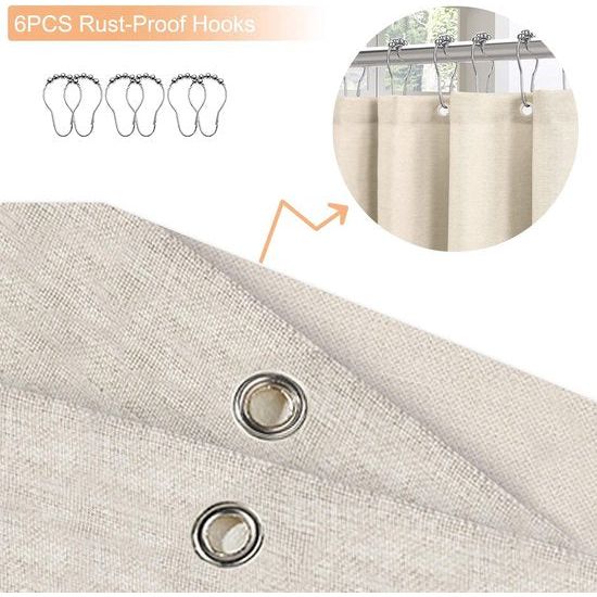 Waterproof Shower Curtain, 182 x 92 cm, Linen Bath Curtain with Impermeable Coating, Anti-Mould Fabric, Textile Shower Curtain with 12 Shower Curtain Rings, Washable, Beige