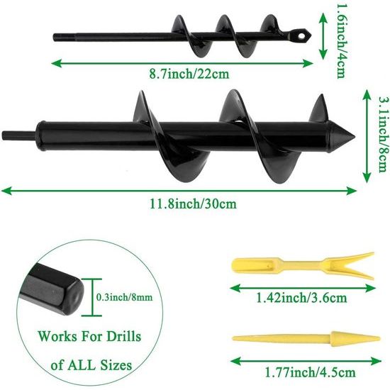 2 stuks 30 x 8 & 22 x 4 cm tuinboor, grondboor voor boormachine, slakken, spiraalboor, plantengereedschap met tuinhandschoenen voor Rapid Planter, zaailingen, bloembollen
