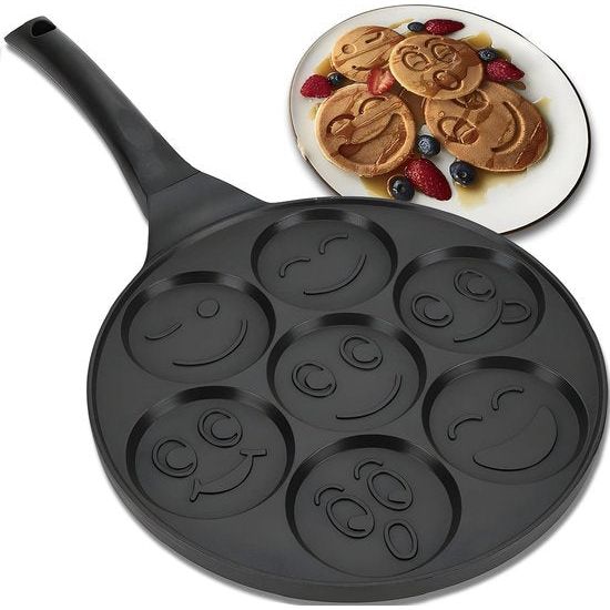 Pannenkoekenpan, 7 grappige kindermotieven, patroon, smiley, 26 cm, anti-aanbakpan voor pannenkoeken, pannenkoekenpan en eieren, zwart, kleur