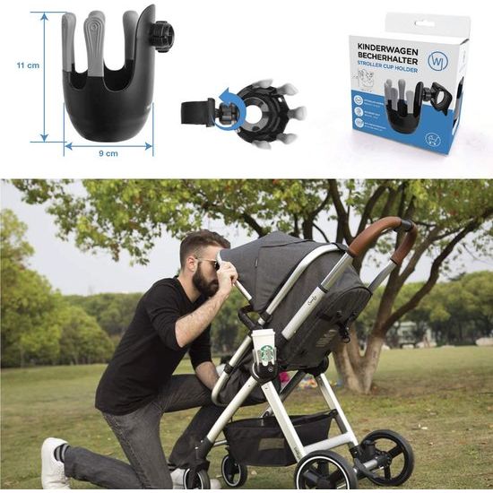 Drankhouder voor kinderwagen en buggy, bekerhouder, flessenhouder, babyflessenhouder, flessenhouder met 360° scharnier, anti-slip bevestiging en klittenbandsluiting