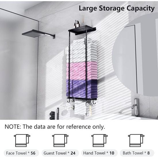 Handdoekenrek voor badkamer, wandgemonteerd handdoekenrek met metalen plank en 4 haken, 30 inch afneembaar vrijstaand handdoekenrek voor wasruimte, badkamer, toilet, organizer