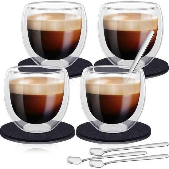 EOGRFW - Espressokopjes set (4 x 80 ml) - espressoglazen, dubbelwandige glazen van borosilicaatglas - set met 4 lepels + 4 onderzetters, koffieglazen, esspresso glas