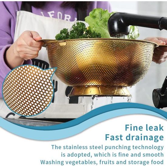 Gold Colander 5 kwart, professionele titanium goud plating roestvrijstalen zeef met heavy duty handgrepen en zelfdragende vaste ringbasis, eenvoudig te reinigen en vaatwasmachinebestendig