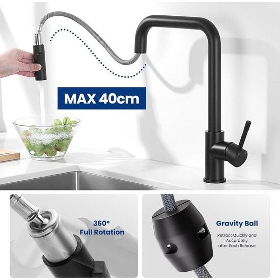 Keukenkraan, Zwart, Keukenkraan met Uittrekbare Douche, Keukenkraan, Keukenkranen, 360° Draaibare Mengkraan, Keuken, Twee Sproeifuncties, Spoelbak Mengkraan Keuken Zwart