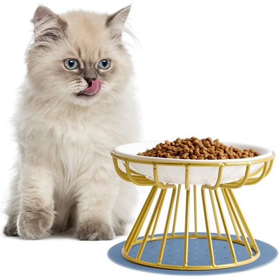 Kattenbak, verhoogde voederbak voor katten, keramiek, kattenbak, keramische set met standaard, antislip, siliconen, verhoogde voederbak, kattenvoerbak voor katten, anti-braken, kattenbak voor katten