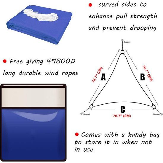 Triangular Sun Sail, Waterproof, Sun Protection, Includes Mounting Ropes, PES (Polyester), with UV Protection, for Garden, Patio, Camping, 2 x 2 x 2 m, Blue