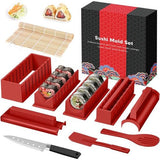 Sushi-maker, set van 12 stuks, sushi-maker, kit voor beginners, om zelf te maken, met sushi-rijstrolvorm, sushi-mes, sushi-rolmat, sushi-set compleet (rood)