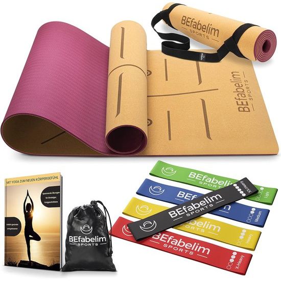 antislip kurk yogamat & TPE, inclusief fitnessbanden set van 5, draagriem & E-Book, 6 mm dik, extra brede, duurzame yogamat voor fitness, gymnastiek, pilates 183 x 66 x 0,6 cm