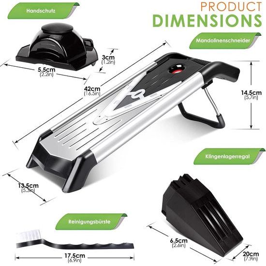 Myiosus Groentesnijder met V-vormig mes, Mandoline Groentesnijder Verstelbaar voor plakjes en julienne, Roestvrijstalen Komkommersnijder met mesopbergdoos, Inclusief handbeschermer en schoonmaakborstel.