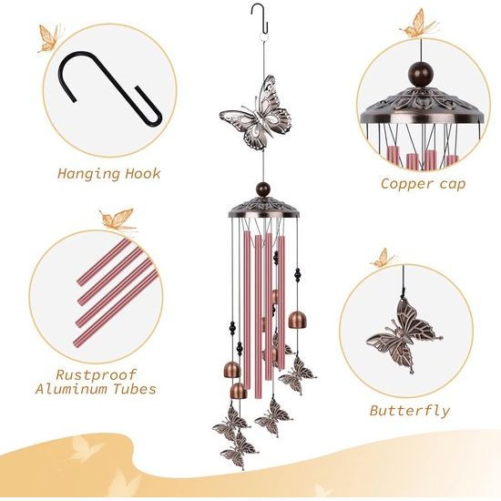 Windgong voor buiten, windgong vlinders aluminium buis met S-haken, windgong om buiten op te hangen - patio tuindecoratie windgong cadeaus voor moeder vrouw dochter vriendin